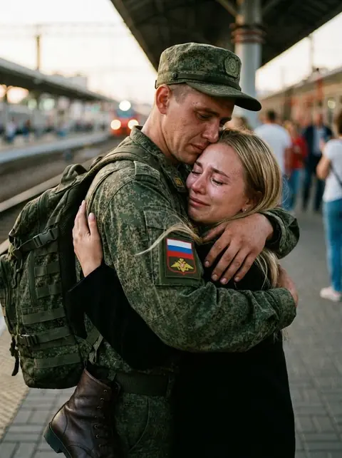 Встреча на вокзале крепкие объятия военного в форме пиксель и девушки со слезами счастья промт для нейросети