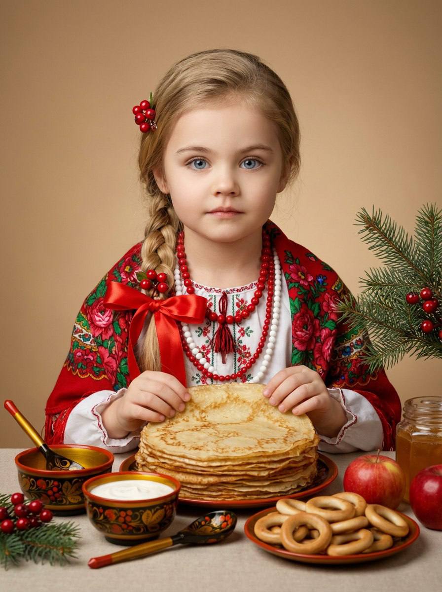 Промт масленица с ребёнком за столом с блинами в русской избе для генерации фото через ии