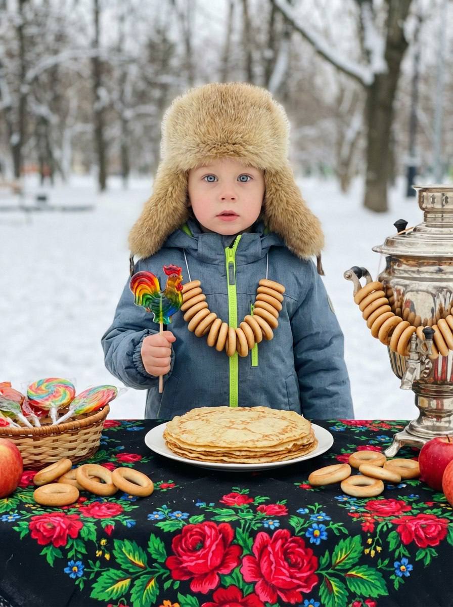 Промт масленица с малышом в зимнем парке за столом с блинами, самоваром и леденцом петушком для генерации фото через ии