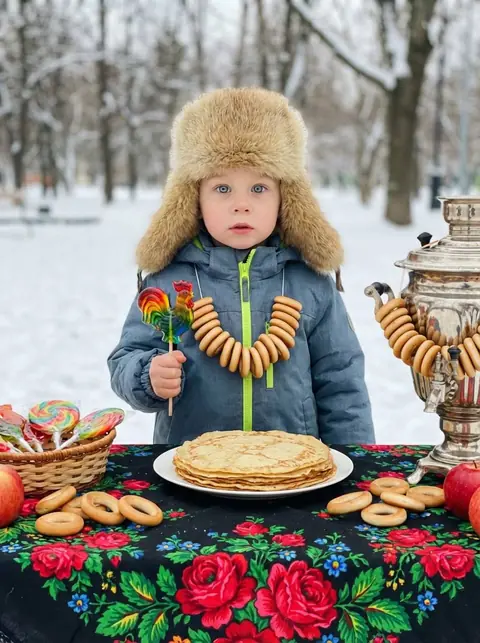 Промт масленица с малышом в зимнем парке за столом с блинами, самоваром и леденцом петушком для генерации фото через ии