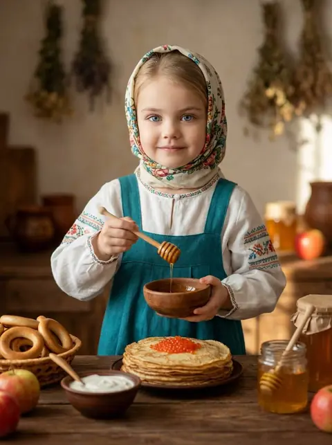 Промт русская народная кухня с человеком за столом с блинами, мёдом и баранками для генерации фото через ии