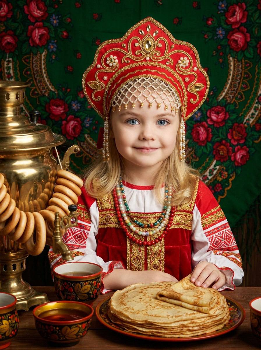 Промт масленица студийное фото ребёнка в красном сарафане и кокошнике с блинами и самоваром для генерации фото через ии