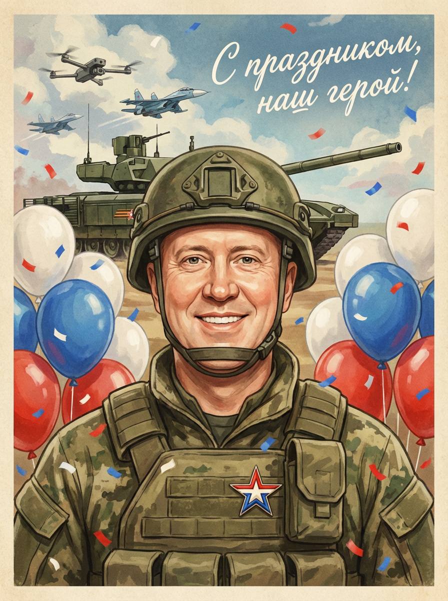 Промт на 23 февраля: винтажная советская открытка с фото через ИИ и военной тематикой