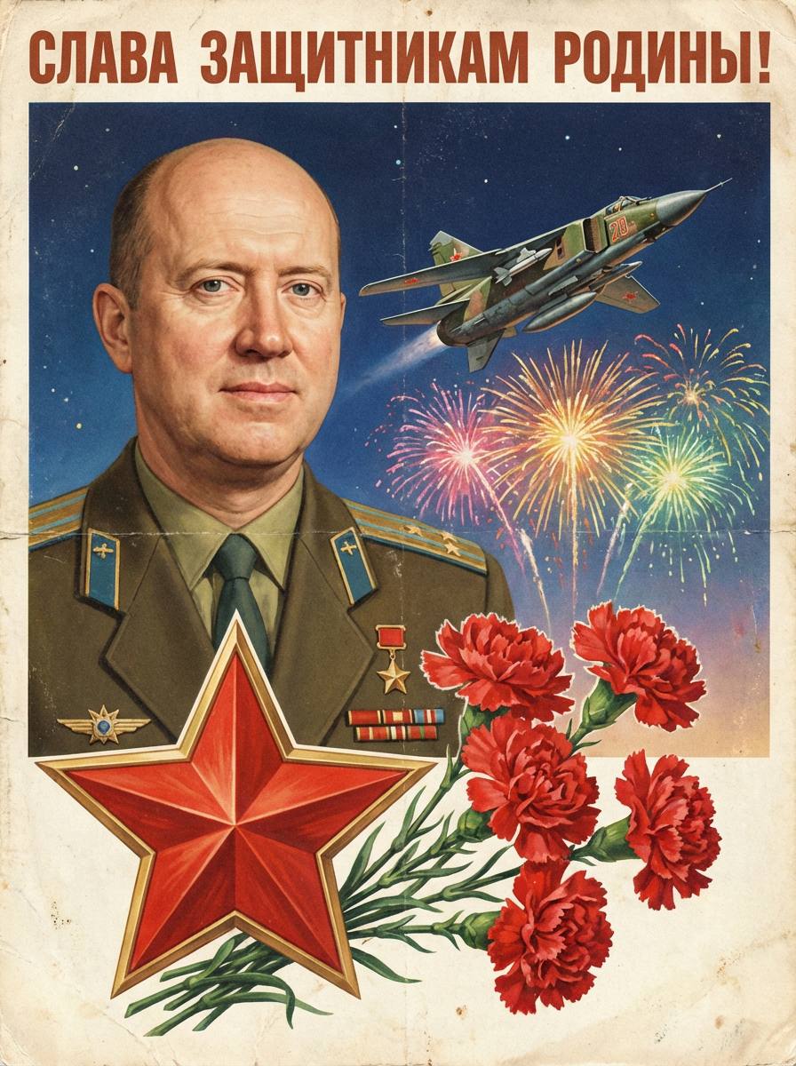 Промт на 23 февраля: винтажная открытка «Слава защитникам Родины!» с военным самолётом и лицом по фото через ИИ