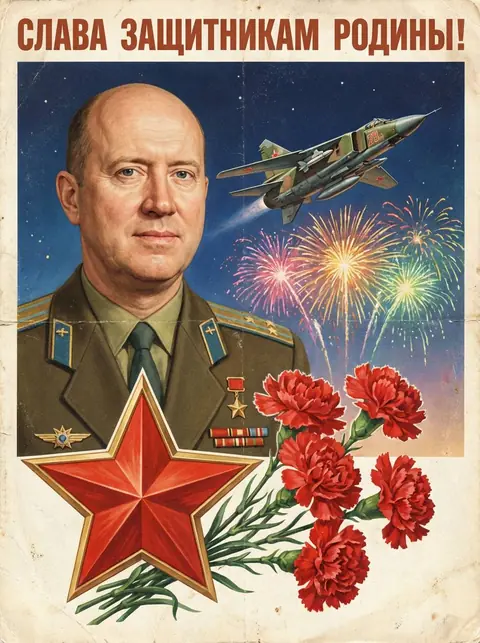Промт на 23 февраля: винтажная открытка «Слава защитникам Родины!» с военным самолётом и лицом по фото через ИИ
