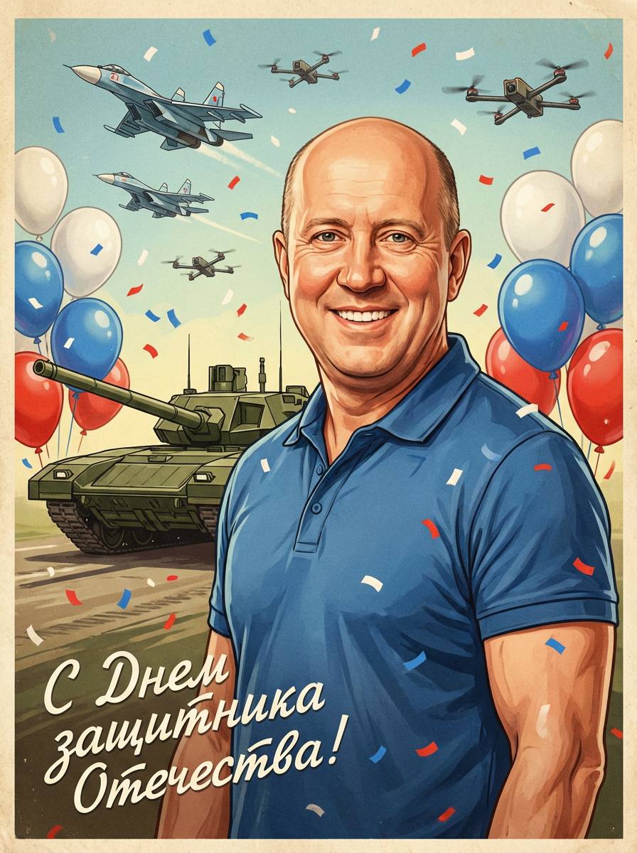 Промт на 23 февраля: винтажная советская открытка с фото через ИИ, танком Т‑14 и шарами в цветах флага