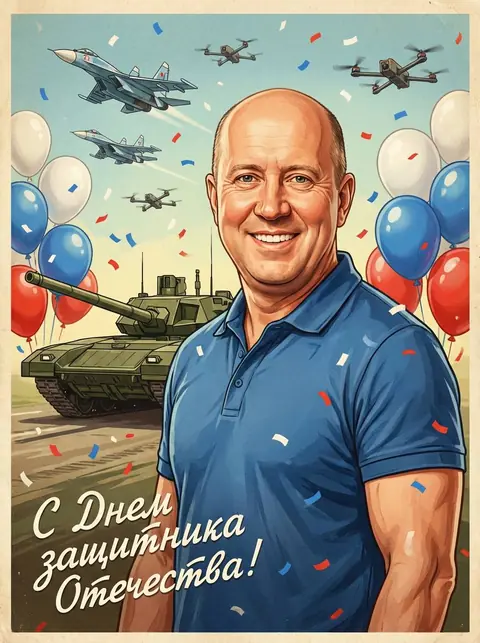 Промт на 23 февраля: винтажная советская открытка с фото через ИИ, танком Т‑14 и шарами в цветах флага