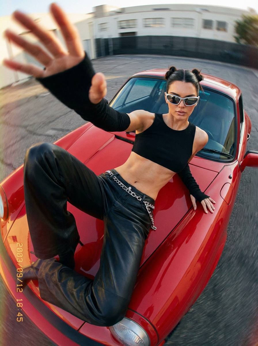 Y2K фотосессия на капоте красного Porsche с эффектом вращающейся камеры промта для нейросети