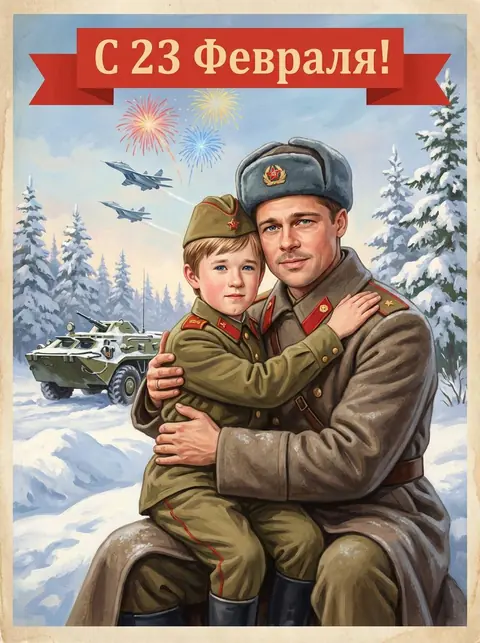 Промт на 23 февраля: советская ретро-открытка с мужчиной и мальчиком в военной форме по фото через ИИ