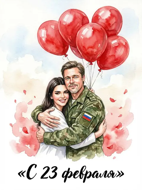 Промт на 23 февраля: акварельный семейный баннер с военным и ребёнком по фото через ИИ