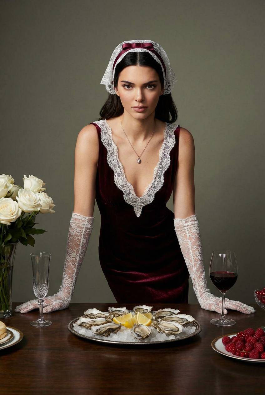 Фотореалистичная винтажная студийная съёмка с устрицами и бокалом вина промт по селфи через ИИ