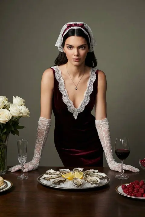 Фотореалистичная винтажная студийная съёмка с устрицами и бокалом вина промт по селфи через ИИ