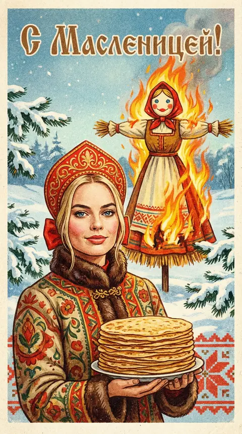Промт на Масленицу: старинная открытка с девушкой в красном кокошнике, блинами и горящим чучелом, нейросеть ИИ по фото