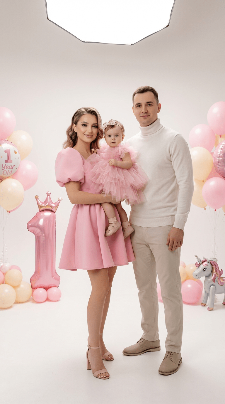 Промт для семейного фото мужчины, женщины и ребёнка в студийной фотосессии с шарами через нейросеть ИИ