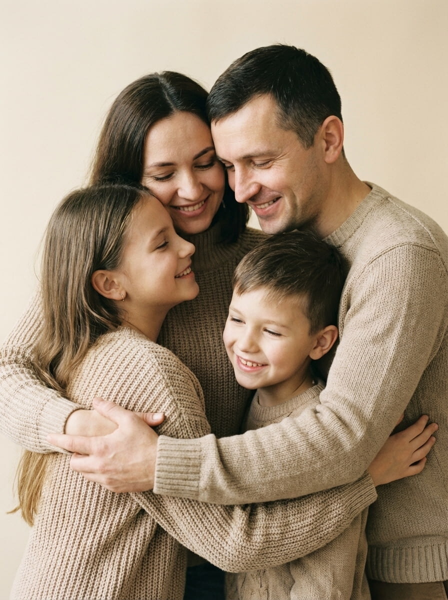 Промт для семейного фото мужчины, женщины и двоих детей в бежевых свитерах в студии через нейросеть ИИ