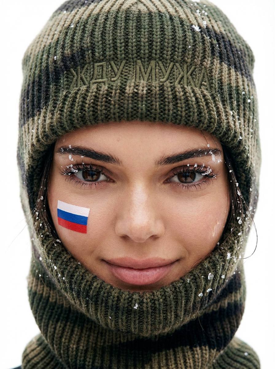 Промт модное фото через ИИ с женщиной в камуфляжной вязаной балаклаве на 23 февраля ЖДУ МУЖА и флагом России на щеке