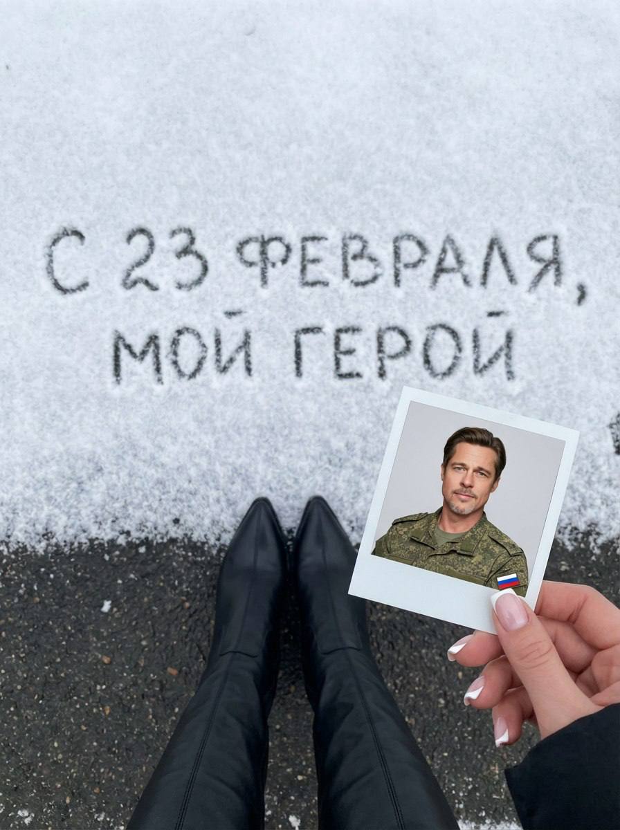Промт на 23 февраля: фото через ИИ с надписью «С 23 февраля, мой герой» на снегу под ногами в сапогах