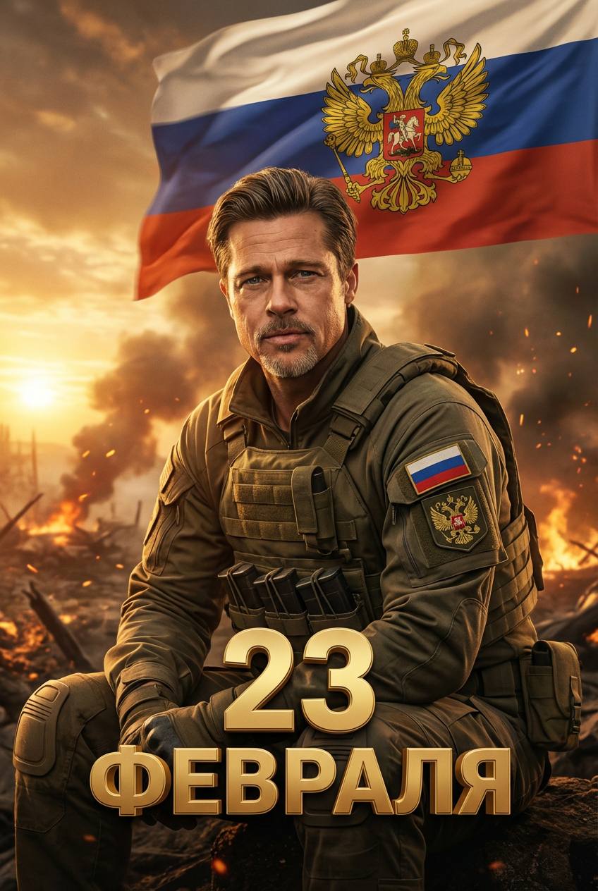 Промт открытка к 23 февраля с русским солдатом по фото лица в военной форме на фоне поля боя