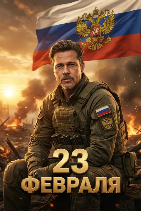 Промт открытка к 23 февраля с русским солдатом по фото лица в военной форме на фоне поля боя