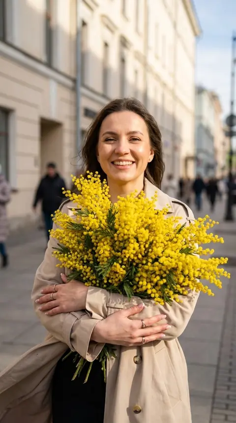 Фотосессия ИИ девушка с букетом мимозы в бежевом тренче на улице промт нейросеть