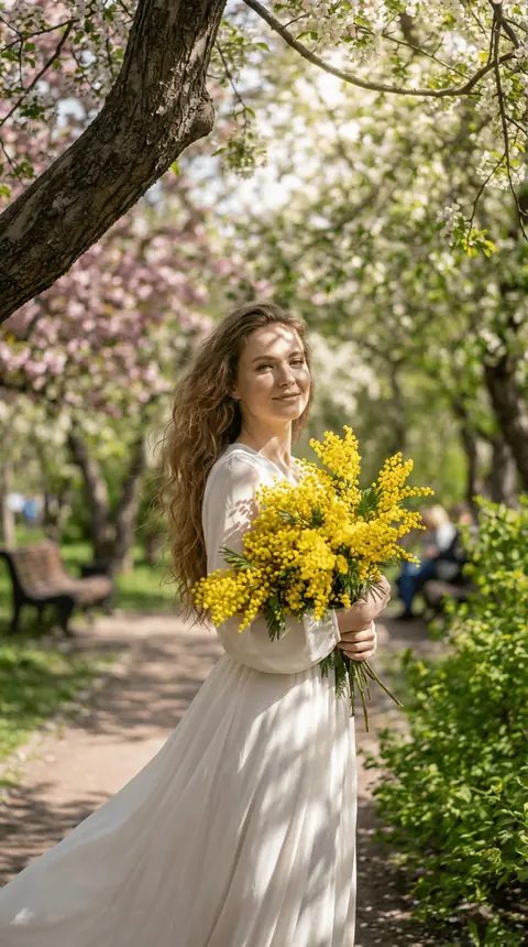 Фотосессия ИИ девушка с букетом мимозы в бежевом тренче в весеннем парке промт нейросеть