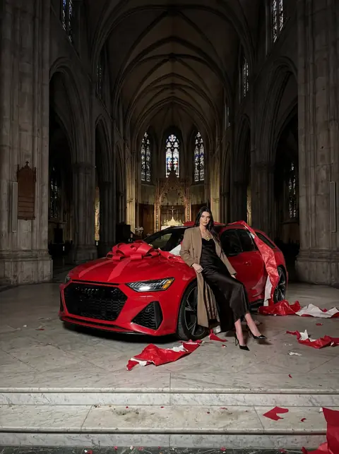 Промт ИИ ночная фотосессия в заброшенном католическом храме с красным Audi RS 6 и жёсткой вспышкой iPhone