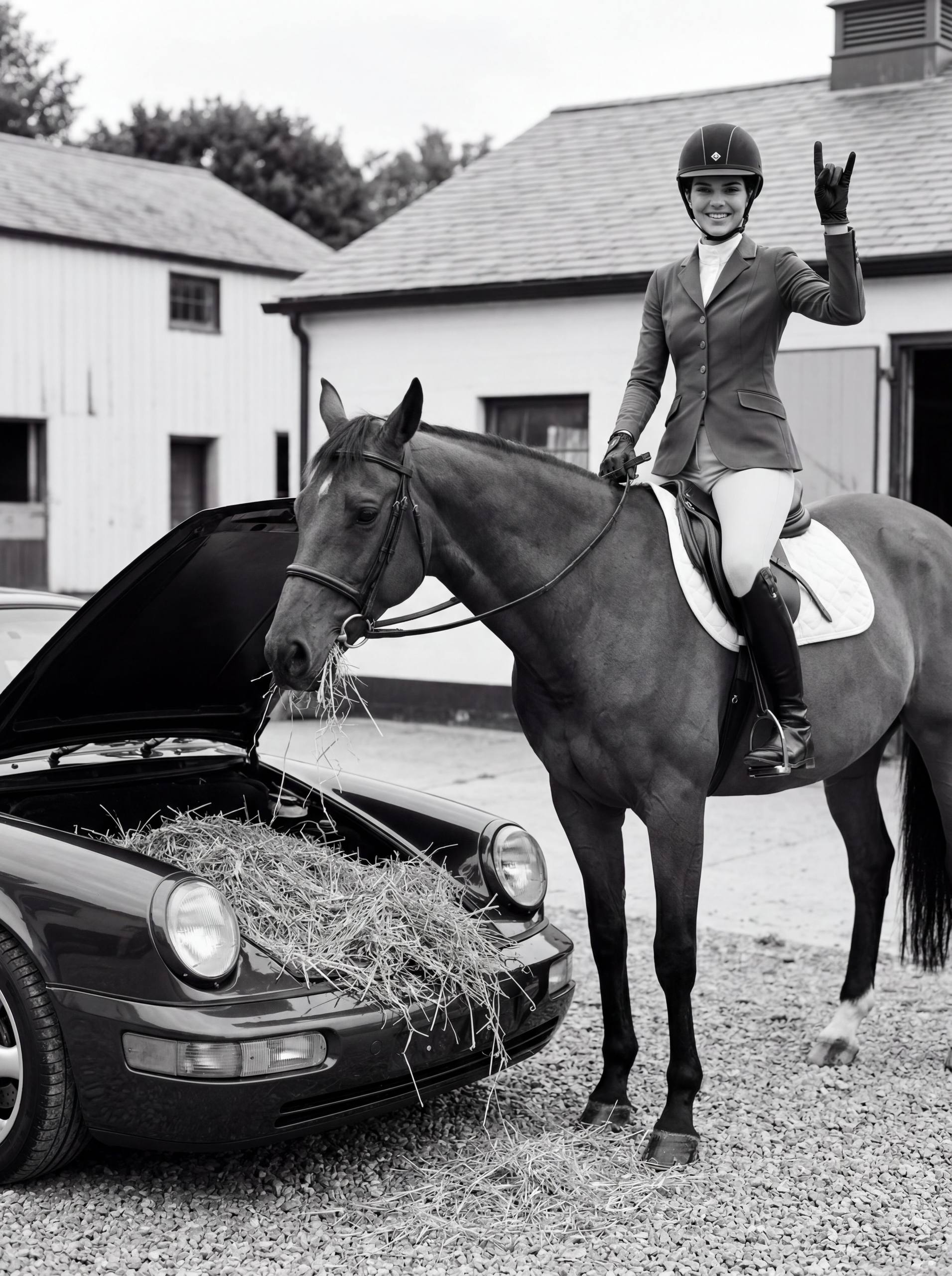 Промт ИИ чёрно‑белая фотосессия в конюшенном дворе с Porsche 911, лошадью и наездницей в полной амуниции