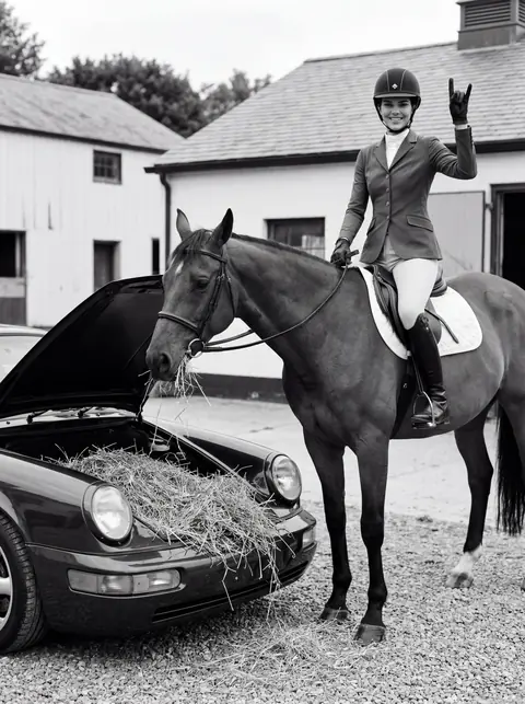 Промт ИИ чёрно‑белая фотосессия в конюшенном дворе с Porsche 911, лошадью и наездницей в полной амуниции