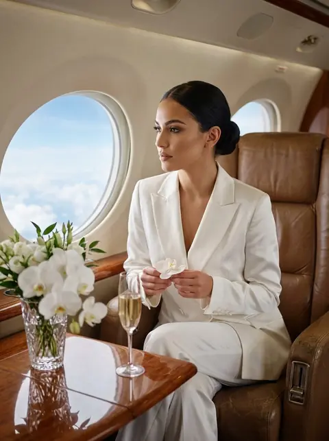 Промт ИИ роскошная фотосессия в салоне частного самолёта в белом шёлковом костюме с орхидеями и шампанским