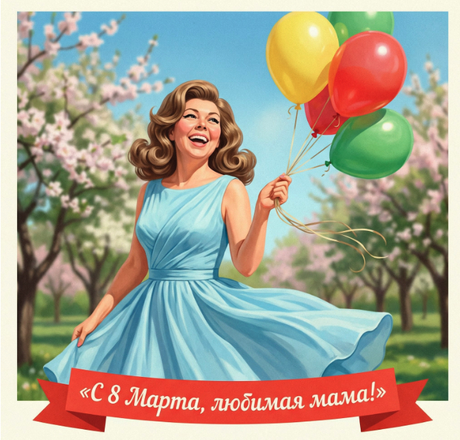 Весенняя фотосессия с шарами на 8 марта для любимой мамы в стиле советской открытки промт для ИИ