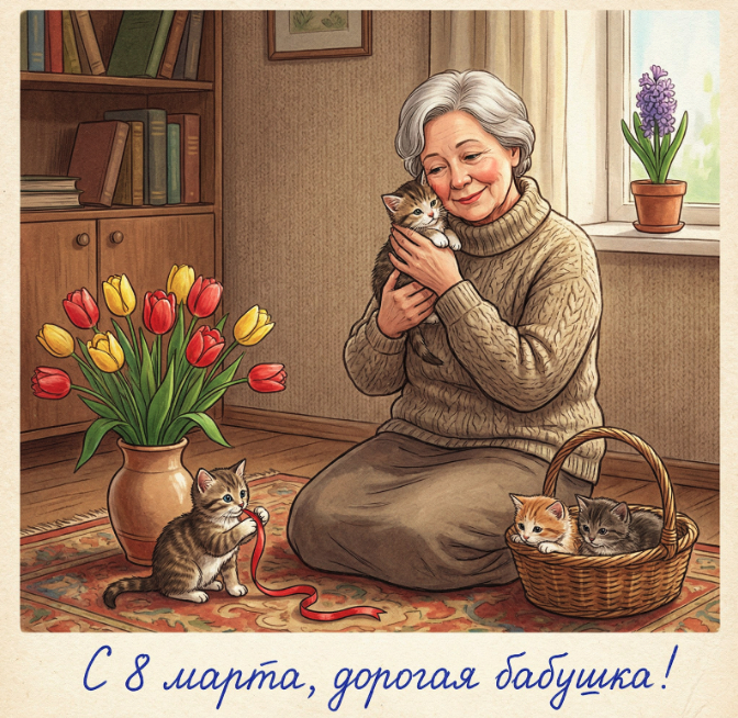 Фотосессия с котятами на 8 марта для дорогой бабушки в стиле советской открытки промт для ИИ