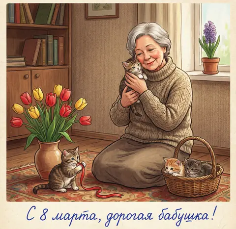 Фотосессия с котятами на 8 марта для дорогой бабушки в стиле советской открытки промт для ИИ