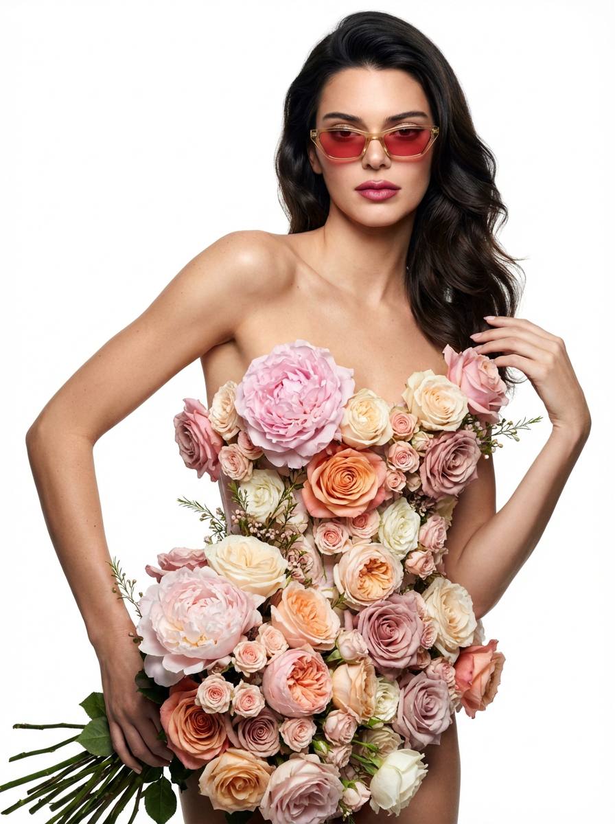 High-fashion фотосессия женщины в платье из садовых роз через нейросеть промт для ИИ