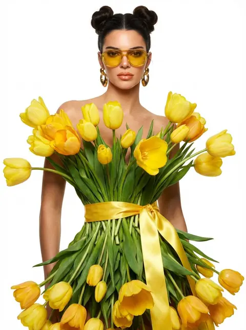 Яркая fashion-фотосессия женщины в платье из жёлтых тюльпанов через нейросеть промт для ИИ
