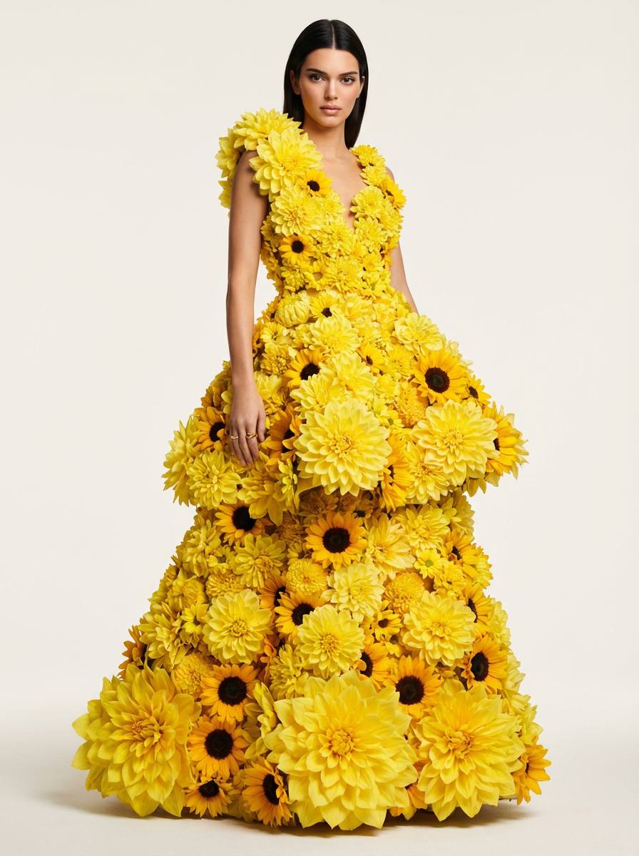 Яркая fashion-фотосессия в длинном платье из жёлтых цветов через нейросеть промт для ИИ