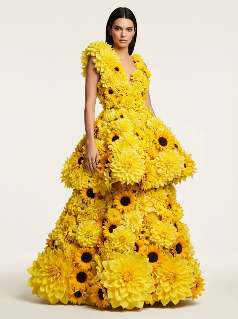 Яркая fashion-фотосессия в длинном платье из жёлтых цветов через нейросеть промт для ИИ