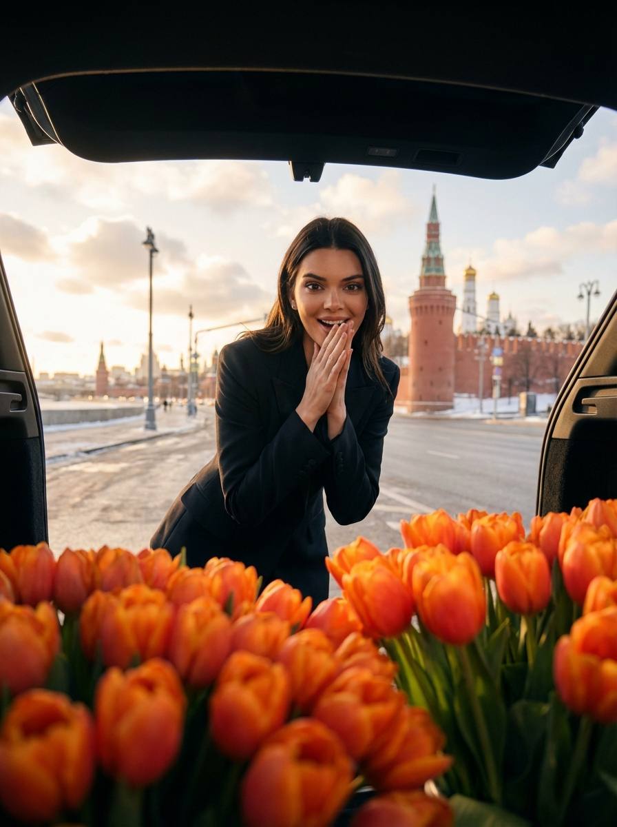 Промт для кинематографичного фото из багажника: женщина с букетом оранжевых тюльпанов и видом на зимнюю Москву и Кремль