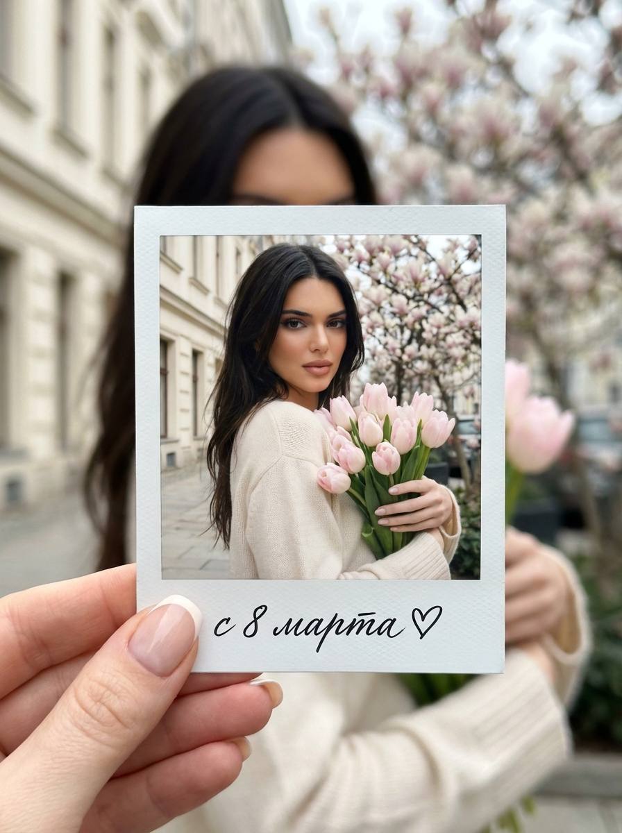 Промт Polaroid фотосессия: рука держит фото с человеком и букетом розовых тюльпанов на весенней улице к 8 марта