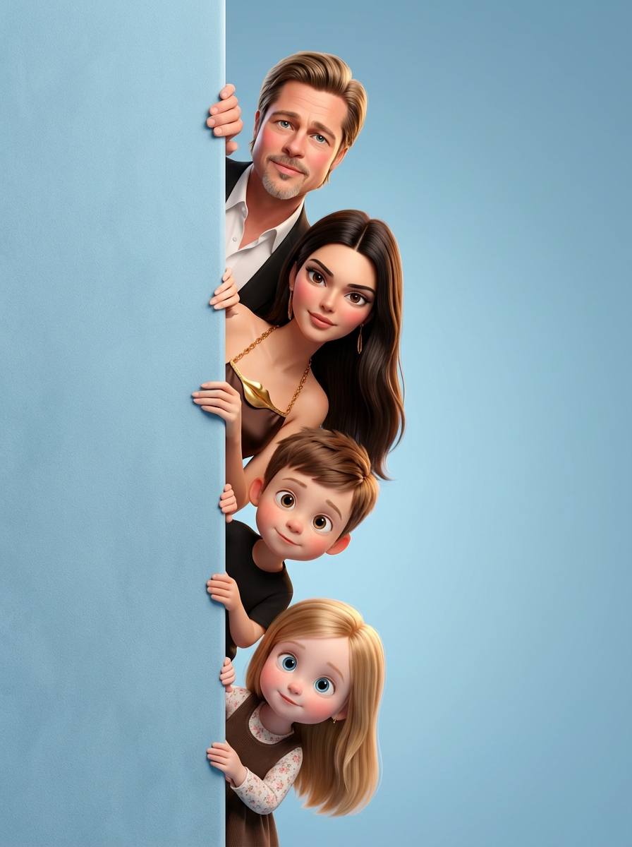 Семейная фотосессия из‑за стены промт для милой 3D мультяшной иллюстрации через нейросеть ИИ