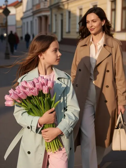 Весенняя lifestyle фотосессия мамы и дочки с большим букетом розовых тюльпанов промт для нейросети ИИ