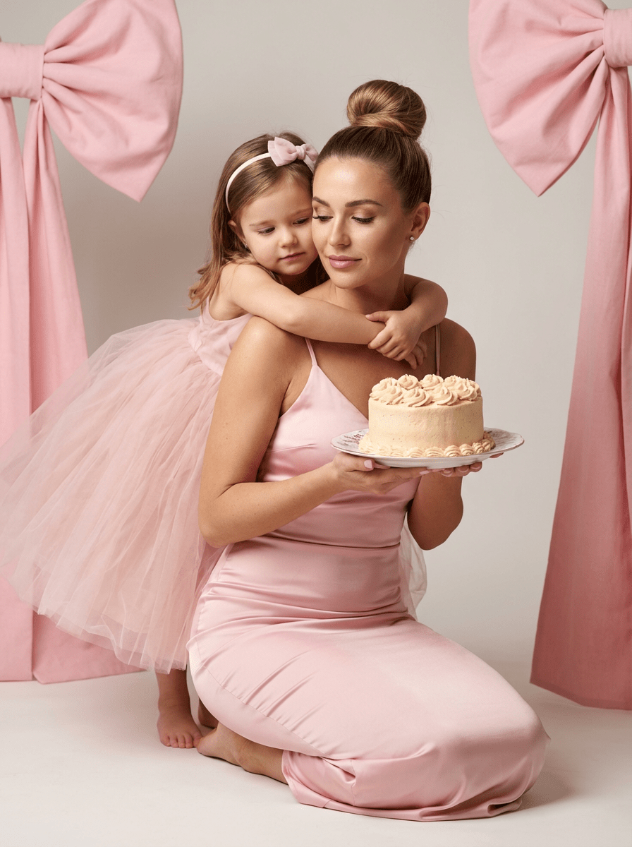 Студийная розовая фотосессия мамы и дочки с тортом в пастельных тонах промт для нейросети ИИ
