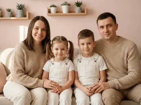 Тёплая семейная фотосессия мамы, папы и двоих детей в уютном пастельно‑розовом интерьере промт для нейросети ИИ