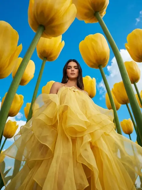 Сказочная фотосессия среди гигантских желтых тюльпанов снизу вверх — промт для ИИ генерации фото