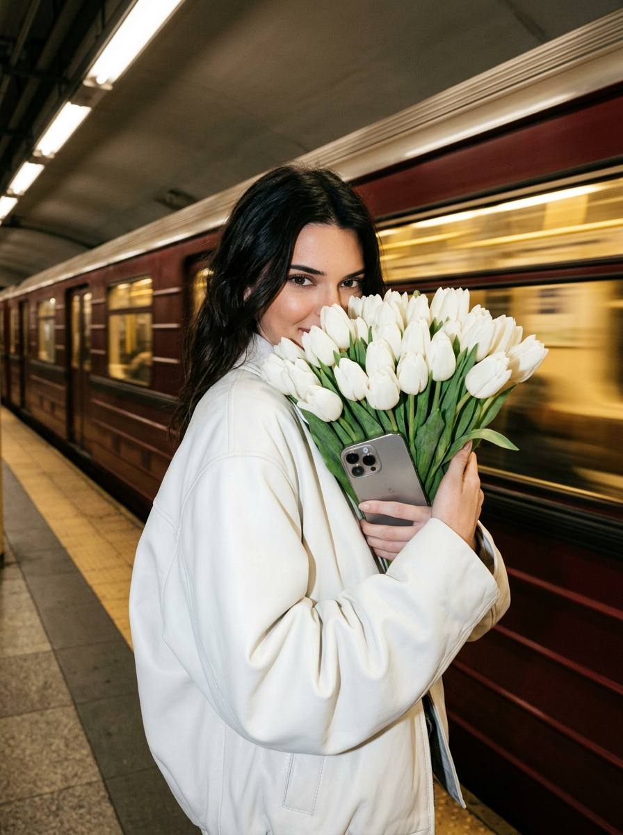 Стрит-фотосессия в метро с букетом белых тюльпанов — промт для ИИ генерации фото