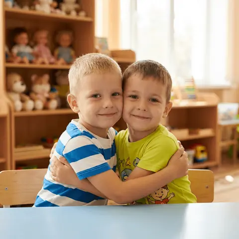 Детская фотосессия двух мальчиков за столом в детском саду промт для ИИ