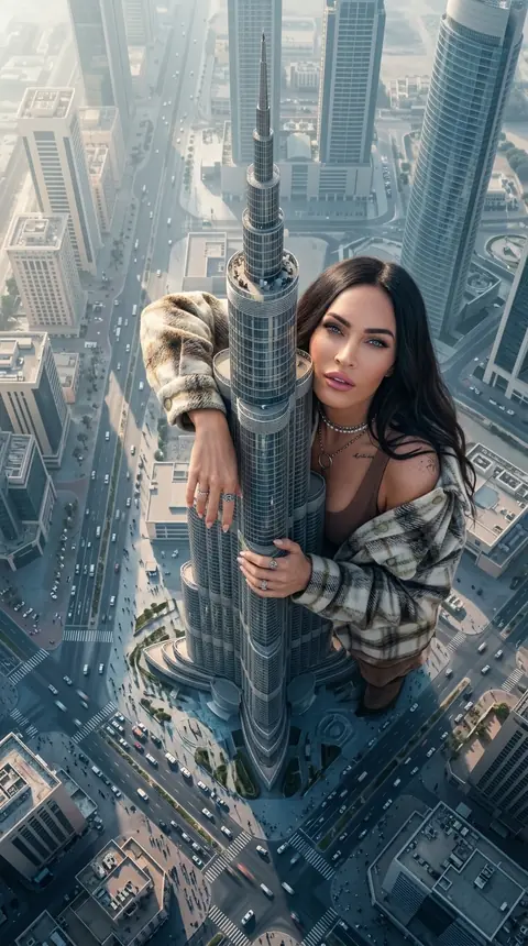 Фотосессия гигантской девушки у Бурдж-Халифа в Дубае промт для генерации фото через ИИ и нейросеть