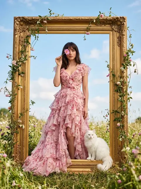 Промт сказочной fashion фотосессии женщины в золотой раме среди цветов с белым котом через ИИ