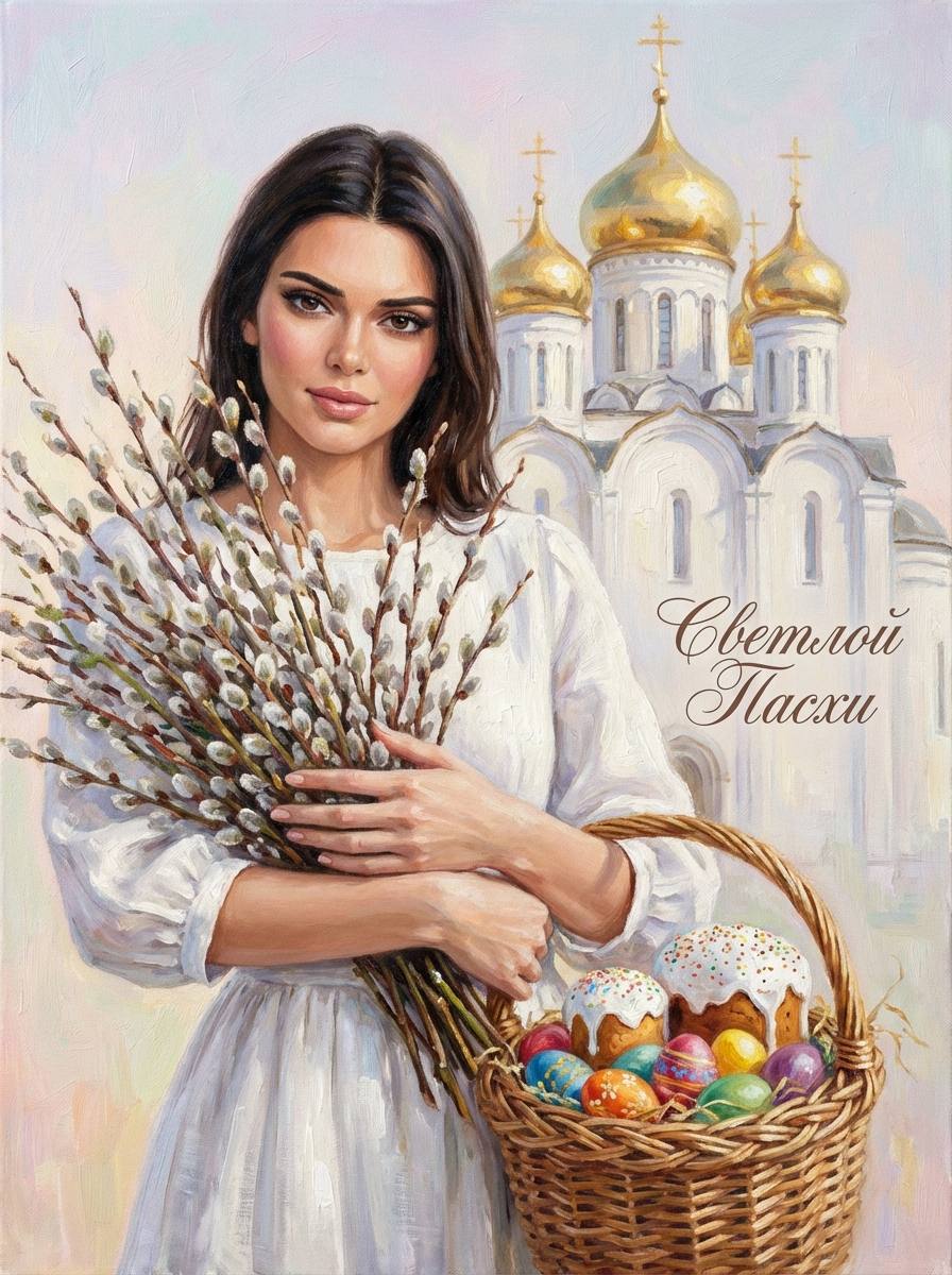 Фотосессия девушки на Пасху с корзиной и вербой в стиле масляной живописи «Светлой Пасхи» через ИИ