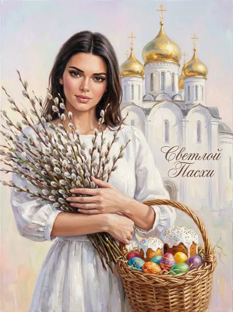 Фотосессия девушки на Пасху с корзиной и вербой в стиле масляной живописи «Светлой Пасхи» через ИИ