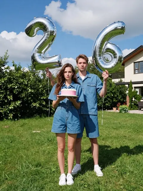 Промт праздничная летняя фотосессия пары с тортом и шарами «26» на лужайке через ИИ